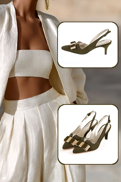 Women's khaki green and gold elegant slingback heels, with a bow on the front. Tapered toe. Medium slim heel - Top view